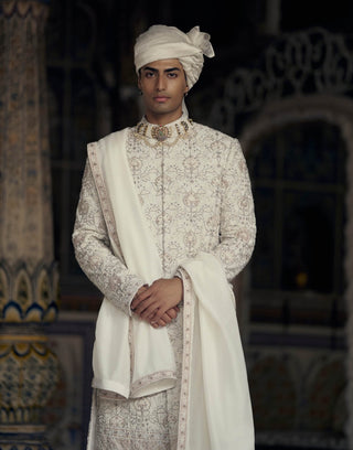 Ivory And Beige Resham Sherwani Set by Nitika Gujral Men available on Indiaspopup.com