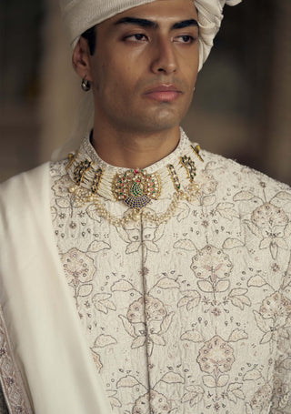 Ivory And Beige Resham Sherwani Set by Nitika Gujral Men available on Indiaspopup.com