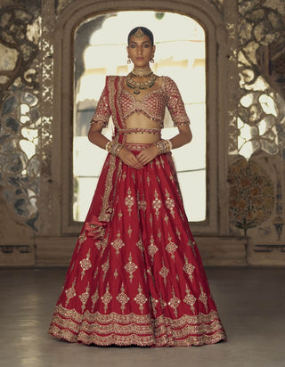 Deep red raw silk lehenga choli set