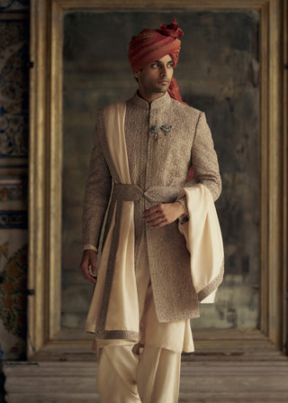 Mocca Raw Silk Sherwani Set by Nitika Gujral Men available on Indiaspopup.com