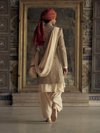 Mocca Raw Silk Sherwani Set by Nitika Gujral Men available on Indiaspopup.com