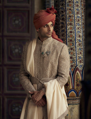 Mocca Raw Silk Sherwani Set by Nitika Gujral Men available on Indiaspopup.com