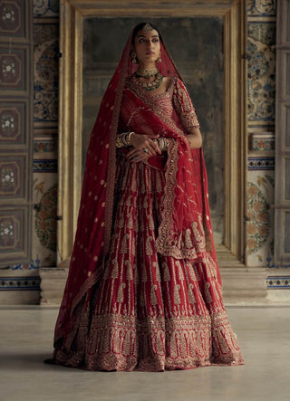 Deep red raw silk lehenga set