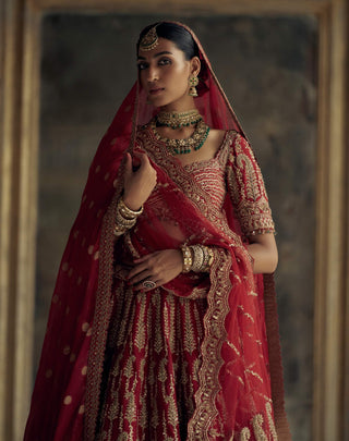 Deep red raw silk lehenga set