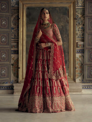 Deep red raw silk lehenga set