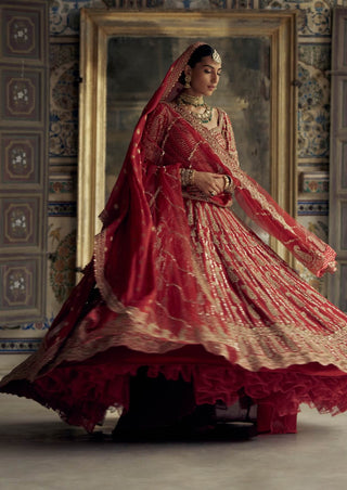 Deep red raw silk lehenga set