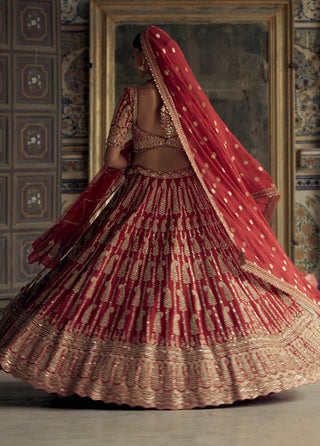 Deep red raw silk lehenga set