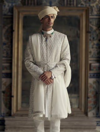 Ivory Tonal Dori Sherwani Set by Nitika Gujral Men available on Indiaspopup.com