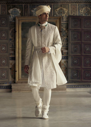 Ivory Tonal Dori Sherwani Set by Nitika Gujral Men available on Indiaspopup.com