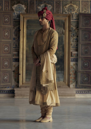 Gold Matka Silk Angrakha Sherwani Set by Nitika Gujral Men available on Indiaspopup.com