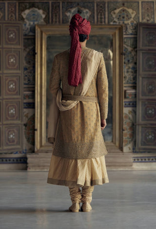 Gold Matka Silk Angrakha Sherwani Set by Nitika Gujral Men available on Indiaspopup.com