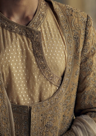 Gold Matka Silk Angrakha Sherwani Set by Nitika Gujral Men available on Indiaspopup.com