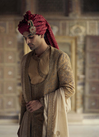 Gold Matka Silk Angrakha Sherwani Set by Nitika Gujral Men available on Indiaspopup.com