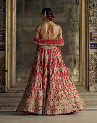 Red applique dori lehenga set