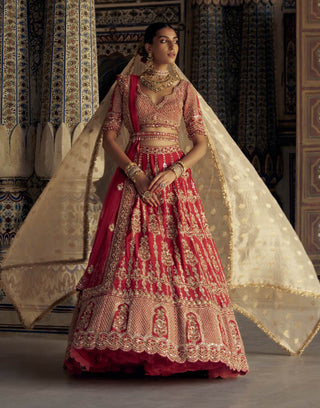 Blood red silk lehenga choli set