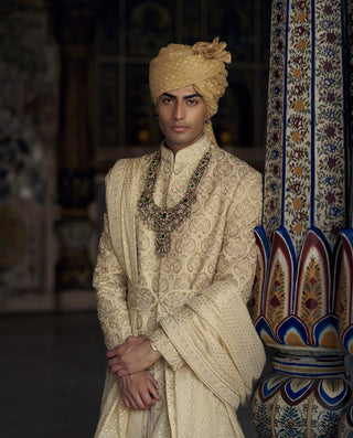 Gold Tonal Resham Sherwani Set by Nitika Gujral Men available on Indiaspopup.com