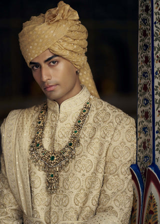 Gold Tonal Resham Sherwani Set by Nitika Gujral Men available on Indiaspopup.com