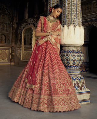 Red bridal raw silk lehenga choli set