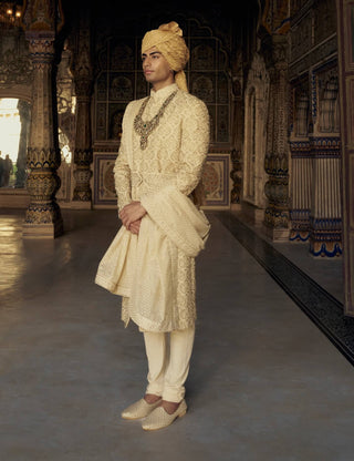 Gold Tonal Resham Sherwani Set by Nitika Gujral Men available on Indiaspopup.com