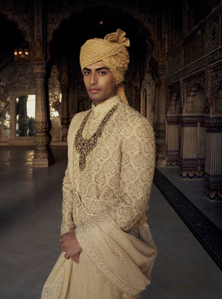 Gold Tonal Resham Sherwani Set by Nitika Gujral Men available on Indiaspopup.com