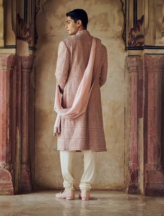 Dusty Rose Pink Sherwani Set by Nitika Gujral Men available on Indiaspopup.com