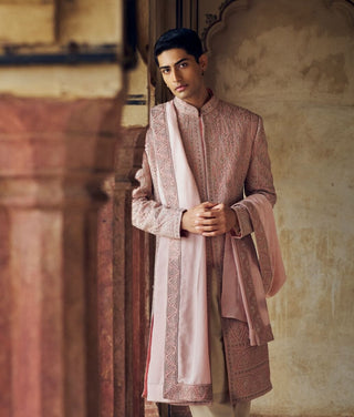 Dusty Rose Pink Sherwani Set by Nitika Gujral Men available on Indiaspopup.com