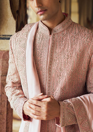 Dusty Rose Pink Sherwani Set by Nitika Gujral Men available on Indiaspopup.com