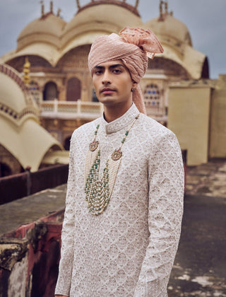 Nude Raw Silk Sherwani Set by Nitika Gujral Men available on Indiaspopup.com