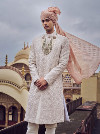 Nude Raw Silk Sherwani Set by Nitika Gujral Men available on Indiaspopup.com