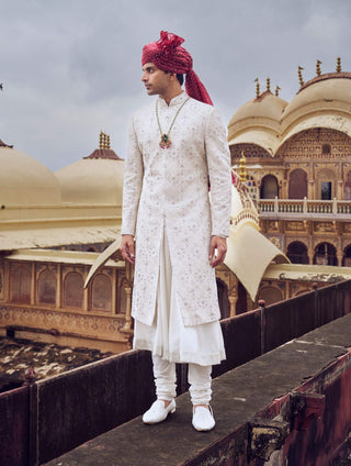 Ivory Resham Embroidery Sherwani Set by Nitika Gujral Men available on Indiaspopup.com