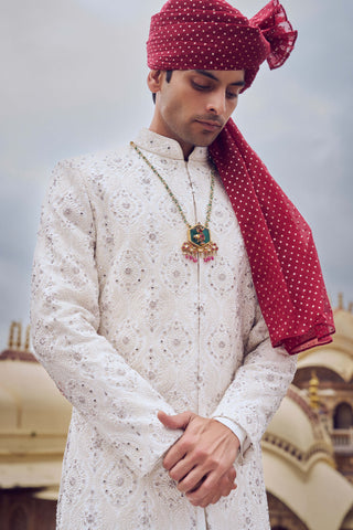 Ivory Resham Embroidery Sherwani Set by Nitika Gujral Men available on Indiaspopup.com