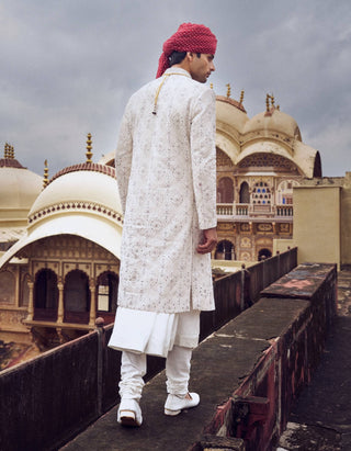 Ivory Resham Embroidery Sherwani Set by Nitika Gujral Men available on Indiaspopup.com