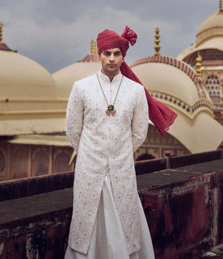 Ivory Resham Embroidery Sherwani Set by Nitika Gujral Men available on Indiaspopup.com