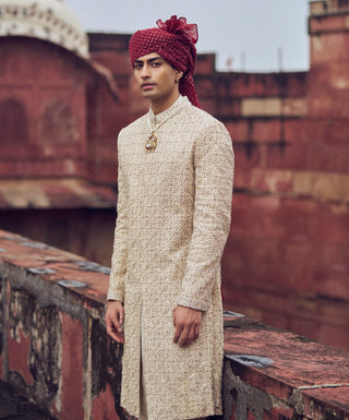 Light Beige Raw Silk Sherwani Set by Nitika Gujral Men available on Indiaspopup.com