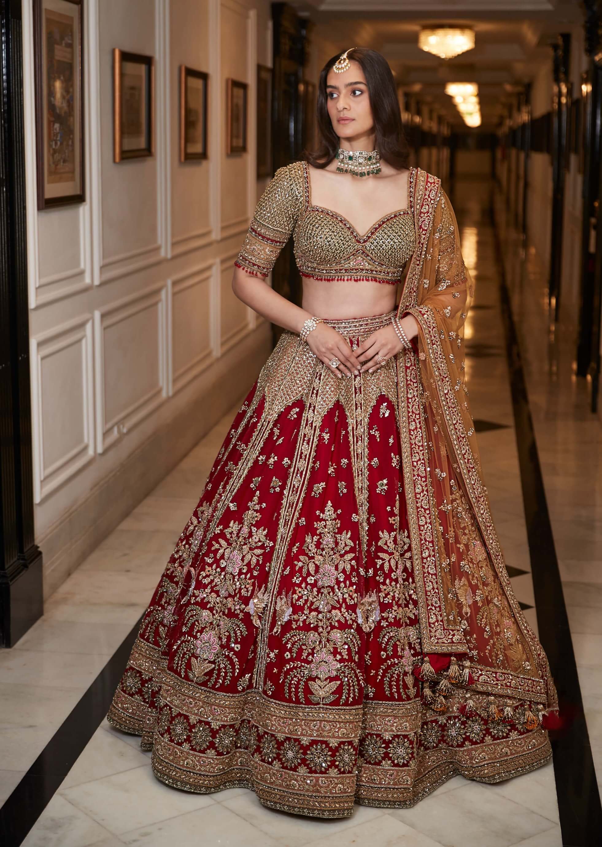 lehenga dress red Red Bridal Silk Lehenga Choli With Two Dupatta