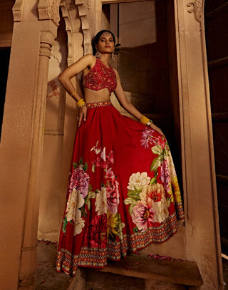 Gulshaad Crimson Red Sharara And Blouse by Kalista, available on Indiaspopup.com