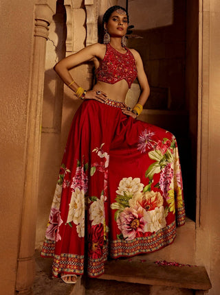 Gulshaad Crimson Red Sharara And Blouse by Kalista, available on Indiaspopup.com