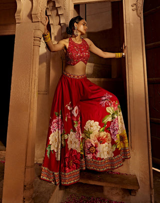 Gulshaad Crimson Red Sharara And Blouse by Kalista, available on Indiaspopup.com