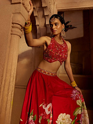 Gulshaad Crimson Red Sharara And Blouse by Kalista, available on Indiaspopup.com