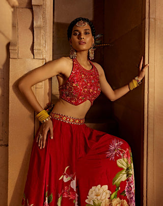 Gulshaad Crimson Red Sharara And Blouse by Kalista, available on Indiaspopup.com