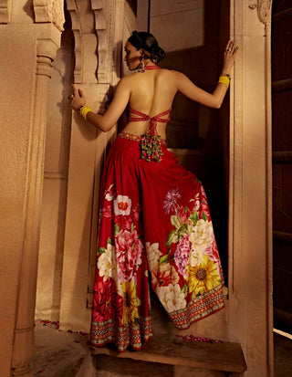 Gulshaad Crimson Red Sharara And Blouse by Kalista, available on Indiaspopup.com