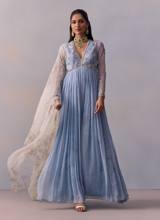 Rehmat Powder Blue Anarkali And Dupatta by Kalista available on Indiaspopup.com