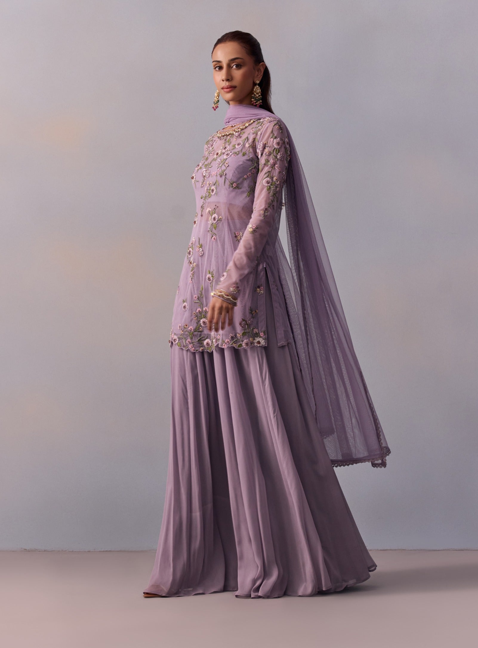 purple sharara dress Geometric Purple Elegance Printed Satin Sharara Set