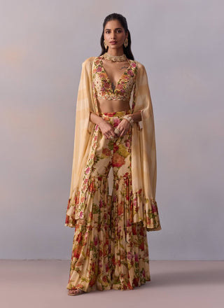 Naira Crème Gharara And Cape Set by Kalista available on Indiaspopup.com