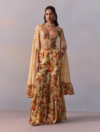 Naira Crème Gharara And Cape Set by Kalista available on Indiaspopup.com