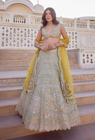 Sage tissue silk embroidered lehenga set