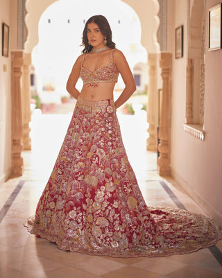 Cut ruby organza trail lehenga with bustier