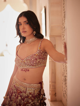 Cut ruby organza trail lehenga with bustier