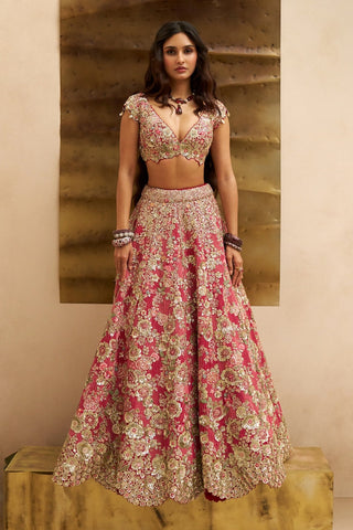 Deep berry blossom bridal lehenga set