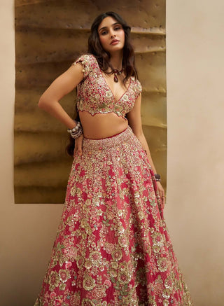 Deep berry blossom bridal lehenga set
